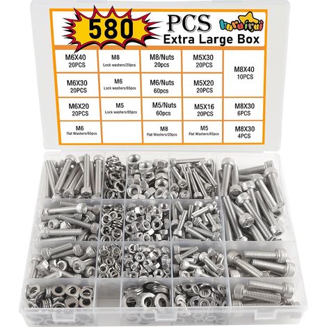 580pcs M5 M6 M8 Jeu de Vis et écrous Vis Boulon et écrous à Six Pans Creux 304 Visserie Inox Assortiment Ecrous et Boulons Rondelles Kit pour Réparation Bricolage Mécanique (1/5)