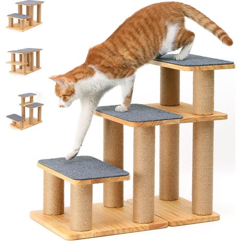 Escalier pour Chien, Escalier en Bois Massif avec Poteau à Griffes pour Chat, Rampes Transformables Capacité 90 kg, Marches 50 cm pour Chiens et Chats Accès aux Lits et Canapés, Gris (1/5)
