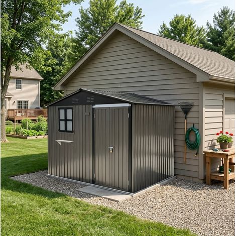 Metall Gartenhaus mit doppeltüren, abschließbarem Riegel, Fensteröffnungen, Blumenkorb, braun (1/5)