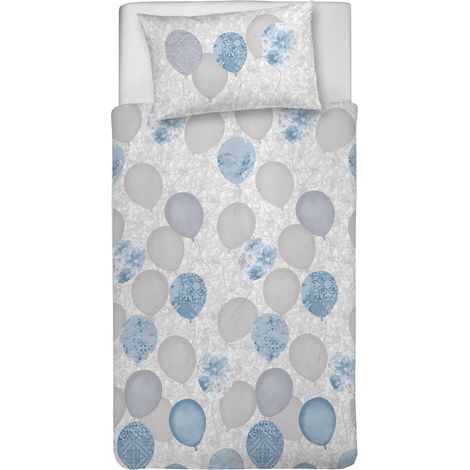 Parure de lit Simple 100% Coton, avec Sac 155 x 200 cm et 1 taie d'oreiller 52 x 82 cm, fabriquée en Italie, Housse de Couette Lavable en Machine à 40 °, Motif Ballons Bleus (1/2)