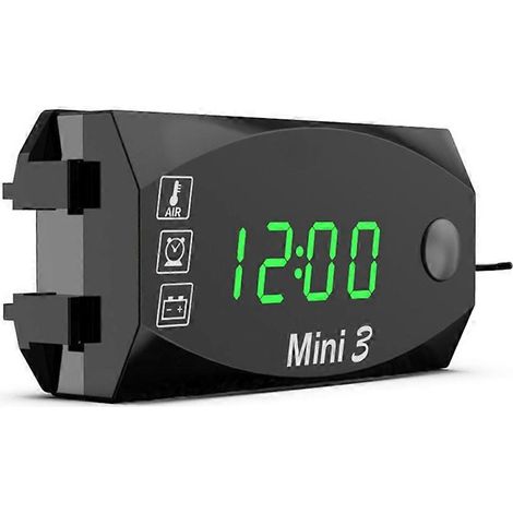 Affichage LCD Voltmètre étanche IP67 horloge numérique pour moto, scooter, voiture, bateau, thermomètre 3-en-1, lumière verte (1/5)