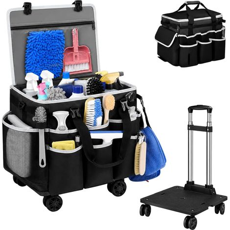 Grand Sac à Produits de Nettoyage à Roulettes Amovible 40x30x32cm, Noir 600D Organisateur Multi-compartiments avec Chariot Télescopique, Couvercle et Bandoulière pour Ménage, Entretien Polyvalents (1/5)