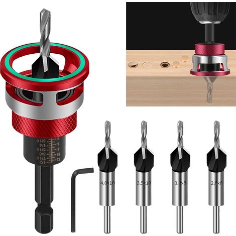 BIGP Jeu de 6 Forets à Chanfreiner avec Butée de Profondeur Réglable – Fraise pour Bois – Tige Hexagonale 1/4″ HSS-M2 – Pour Alésage Précis (Rouge) (1/5)