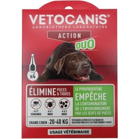 Pipettes - VETOCANIS - x4 Duo Pipettes Anti-puces et tiques 268mg/80mg pour Grands Chiens (1/4)