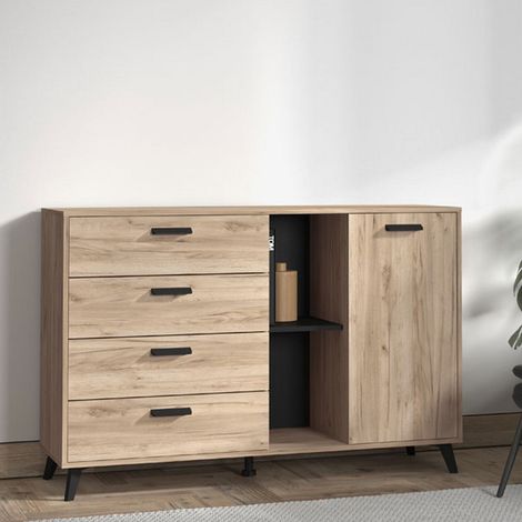 Credenza Issogne, Madia 4 Cassetti, 2 Ripiani, Apertura Battente e Scorrevole, 137.5x40x90.5h cm Marrone Rovere Grigio (1/5)