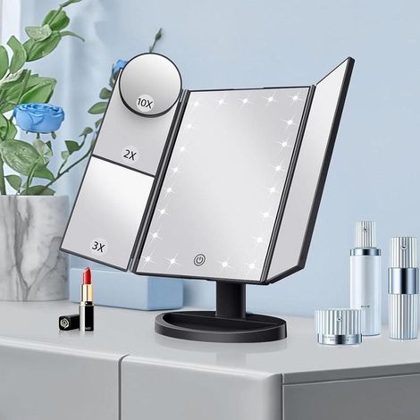 Miroir cosmétique LED à trois volets avec miroir grossissant 10x pour le maquillage, noir (1/5)