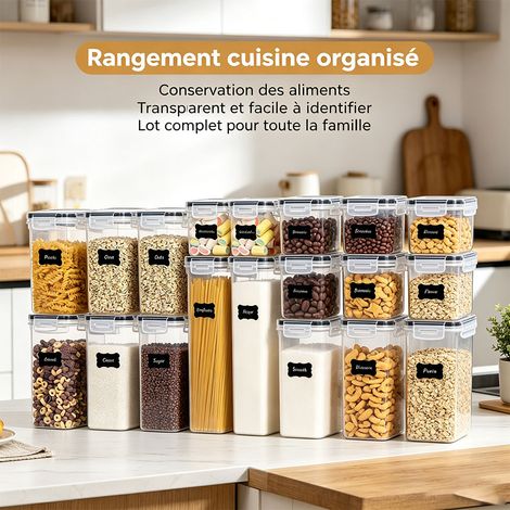 Kit de 16 boîtes de conservation hermétiques en plastique PP transparent sans BPA, tailles assorties 0,8L/1,4L/2,0L/2,8L (x4), bocaux pour céréales, encas, thé - Transparent (1/5)