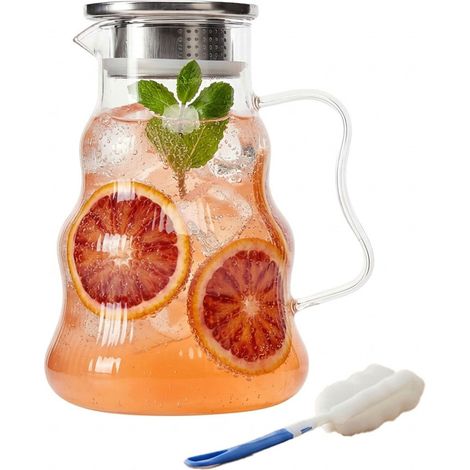 Carafe Relaxdays avec couvercle, 1688 ml, eau & thé, en borosilicate, résistante à la chaleur, transparent/argenté