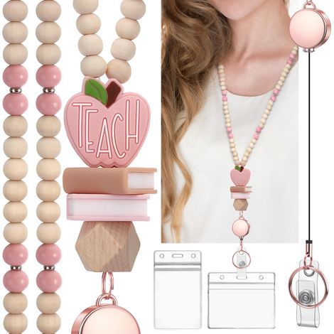 Lanière rétractable pour enseignante avec porte-badge - Jolie lanière en bois naturel à perles, idéale pour les badges d'identification, les clés, accessoire élégant pour l'école et le bureau(rose) (1/5)