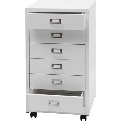 Cassettiera armadietto ufficio con ruote HHG-460 acciaio 6 cassetti 75x40x41cm bianco