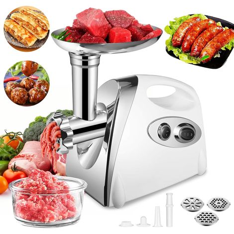 Picadora de carne eléctrica de 220 V, cuchilla de acero inoxidable, picadora invertida, con 3 tablas de corte diferentes, juego para embutidos (blanco) (1/5)