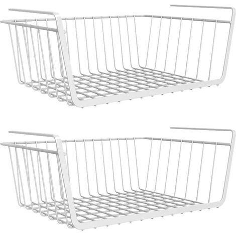 2Pcs Panier Suspendu Rangement Armoire Panier Étagères Suspendu pour Placards de Cuisine, Salle de Bain, Bureau, Bookshelf, Blanc (1/5)