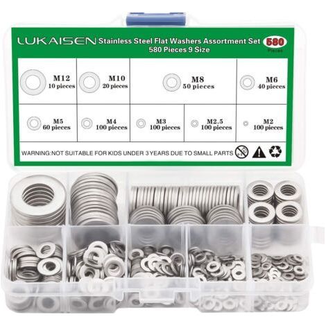 304 Stainless Steel Flat Washer Set 580pcs, 9 Sizes - M2 M2.5 M3 M4 M5 M6 M8 M10 M12 Suitable for Home Decoration, Factory Repair, Kitchens -INHHUB (1/5)
