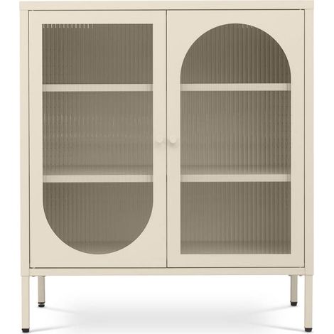Metall-Sideboard Mit 2 Türen In Beige Und Geriffeltem Glas 80cm Kurt