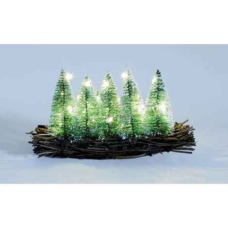 LED Deko Wald mit 27 LED in warm weiß beleuchtet - 25 x 14 cm - Kleine Tannen mit Schnee auf Holz - Weihnachtsdeko Tannenwald mit Kunstschnee