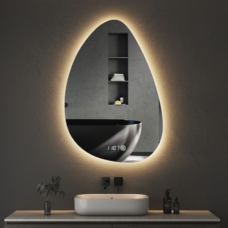 Asymmetrischer Spiegel mit LED Beleuchtung 55 x 80 cm Badspiegel mit Beleuchtung Spiegel mit Beleuchtung Spiegel mit Licht LED Spiegel mit Uhr, Touch-Schalter, Dimmbar, 3 Lichtfarbe Einstellbare