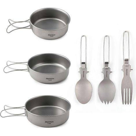Camping-Schüssel- und Besteckset, 3-teilig, bestehend aus Schüssel, Löffel und Gabel, Titan-Schüssel mit Klappgriff, ultraleicht.