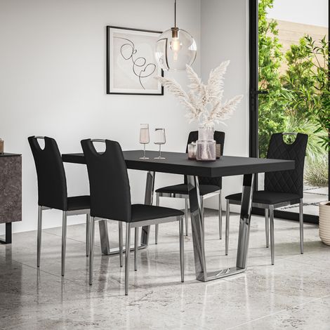 Aria Dining Table And Chairs - Black Table Top w Chrome Legs + Monza Faux Leather Dining Chair w Chrome Legs Set Of 4 (Black) (1/5)