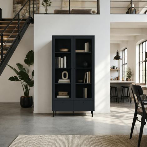 Bibliothèque vitrine bleu sombre 2 portes 1 tiroir RAVEN