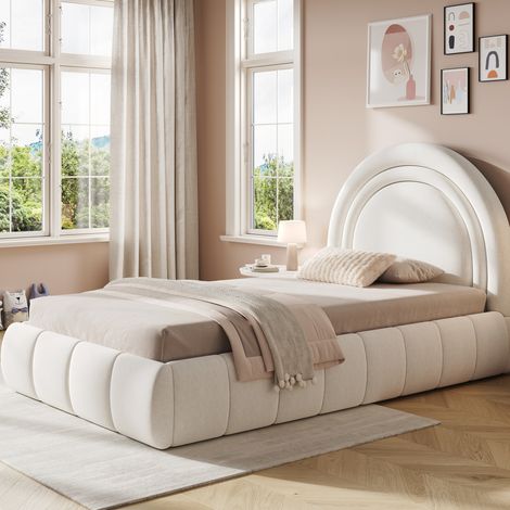 Letto singolo imbottito per bambini beige in velluto 90x200 cm con testiera, rete a doghe e vano contenitore idraulico