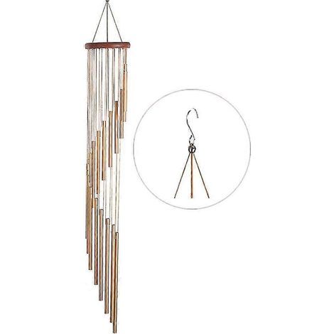 Windspiel für den Außenbereich, 90 cm großes Gedenk-Windspiel mit Haken, Holzdesign-Gold