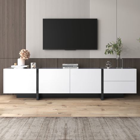 Meuble tv 180 cm blanc et noir brillant avec portes et tiroirs, design moderne à lignes épurées (1/5)