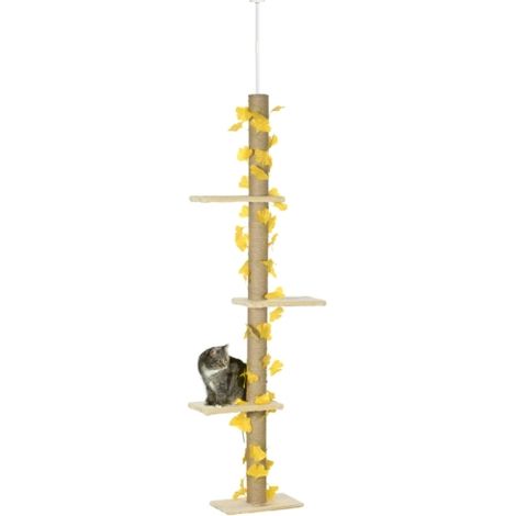 242cm Adjustable Cat Tree with Artificial Decor, Perches, Anti-Slip Kit for Floor-to-Ceiling Use - Yellow Color (1/5)