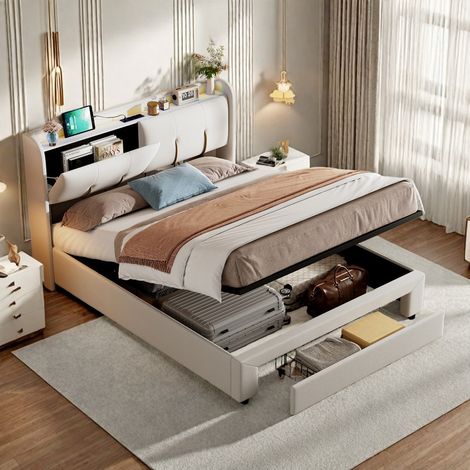 Lit double rembourré avec sommier à Lattes - Lit adulte avec 1 tiroir 160 x 200 cm velours beige - LED réglable et chargement USB - Coffre de rangement