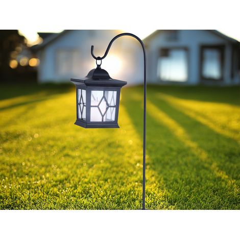 LED Solar Erdspießleuchte mit aufgehängter Laterne, Schwarz Höhe 68cm