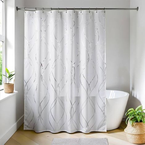 Tenda da doccia in poliestere stampato 180x200 cm + 12 anelli in pp bianchi - argento puro - Tendance