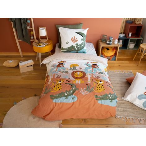 Parure de lit enfant SAVANE – 140x200 cm + 1 taie – Coton imprimé 57 fils/cm² - 140x200cm - Terre cuite