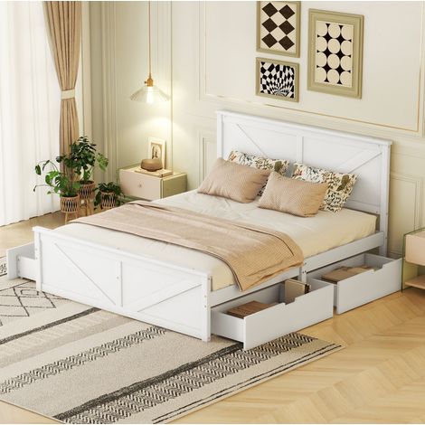 Lit simple 160x200 cm en pin blanc avec tête de lit, sommier à lattes et 4 tiroirs de rangement (1/5)