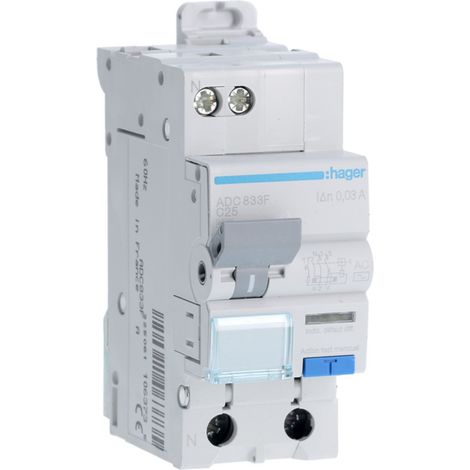 Disjoncteur Différentiel 1P+N 4.5kA C-25A 30mA type AC 60Hz - HAGER - ADC833F (1/4)