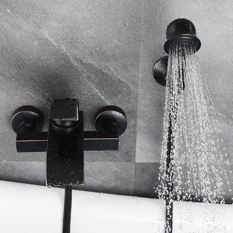 Mitigeur de baignoire mural effet cascade en laiton, finition bronze noir, avec douchette incluse (1/5)