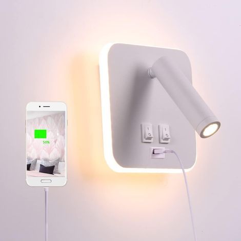 LED bedside lamp with USB charging port, indoor wall light, with switch, white 3W + 10W (USB square) (1/5)