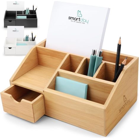 Bamboo and wood desk organizer - Pencil and office accessory box - Pen holder - Storage for office supplies - Natural wood color
