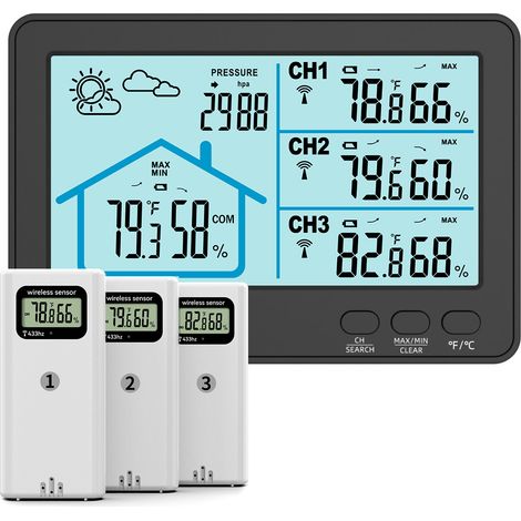 Thermomètre et hygromètre d'intérieur et d'extérieur, affichage sans fil, station météo, peut être branché ou alimenté par batterie (noir) (1/5)