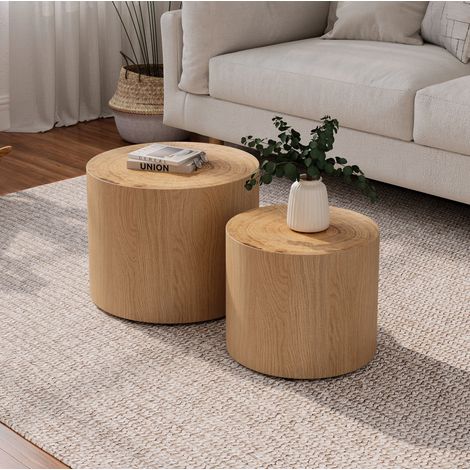 Lote de 2 mesas de centro redondas nido, madera natural, 48 cm y 38 cm, estilo moderno (1/5)