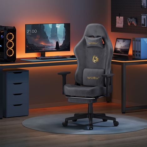 WOLTU Gaming Stuhl Ergonomischer Bürostuhl, Drehstuhl mit Lendenkissen Kopfkissen Fußstütze, Computerstuhl mit verstellbare Rückenlehne, Atmungsaktiver Wildlederimitat, Grau
