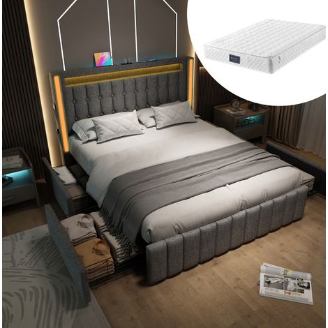 Cama doble tapizada con LED USB 4 cajones lino gris OKMYHOME (1/5)
