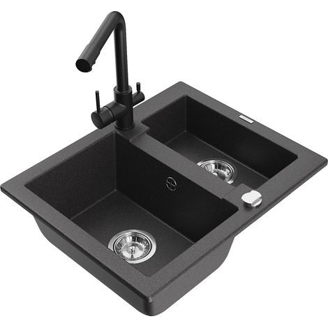 Mexen Carlos fregadero de granito de 1,5 senos con grifo de cocina Duero, negro moteado - 6518-76-671600-70 (1/5)