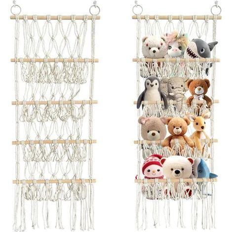Rangement Peluche Bohème 4 Couches, filet avec crochets sans couture et clips en bois. Idéal pour salle de jeux, chambre, chambre d' (1/5)