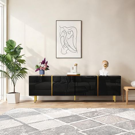 Meuble TV laqué noir brillant 170 cm 4 portes 170 x 35 x 46 cm (1/5)