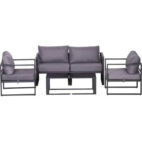 Ensemble de mobilier de jardin quatre‑pièces, salon d'extérieur, canapé avec coussins d'assise, table avec rangement, polyester, gris, 138 × 69 × 63 cm (1/5)