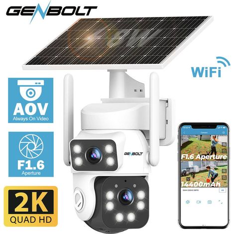 GENBOLT 2K AOV 24/7 Solaire WiFi Caméra De Surveillance Extérieur sans Fil, 3MP+3MP 8W 14400mAh Batterie avec détection IA 90FT