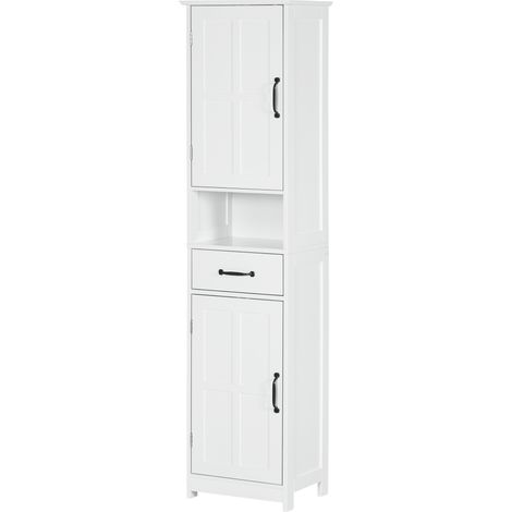 Mobile Colonna Bagno in Legno con Mensola Aperta, Cassetto e 2 Armadietti, 40x30x164 cm, Bianco