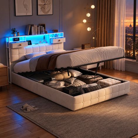 JOOKGBD–Lit coffre 140x200 cm,lit double,LED,port USB,tête de lit avec rangement,lit pour adolescent,tissu doux,beige (1/5)