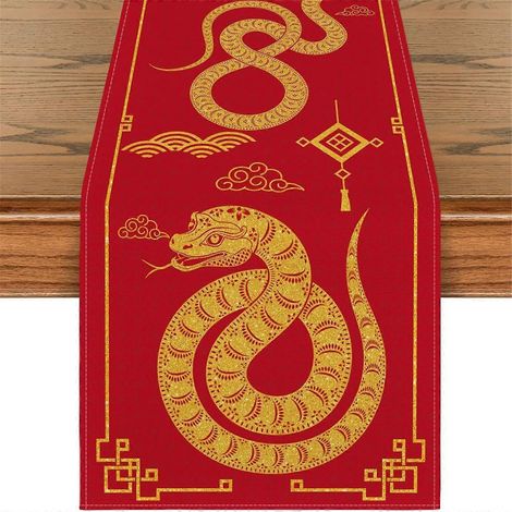Chemin de table/nappe avec motif serpent du zodiaque chinois 2025 pour la décoration de la fête du Nouvel An chinois (Fête du Printemps). (1/5)