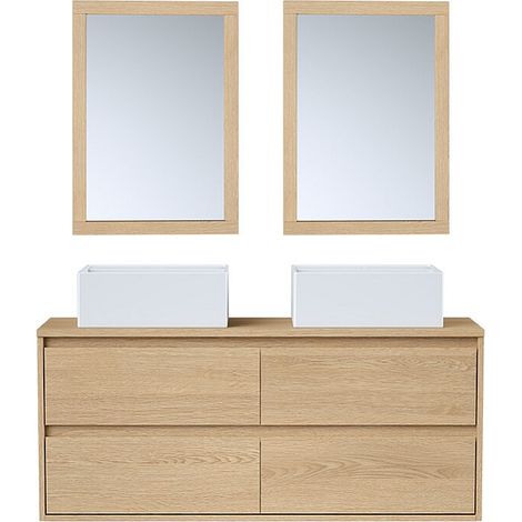 Meuble de salle de bain suspendu avec double vasque à poser et miroir - Placage chêne - 120 cm - MILIPAM (1/4)