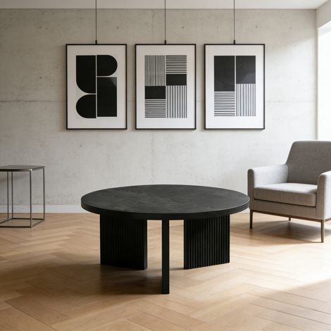 Tavolino da caffè rotondo 92x92x11.4 cm, design minimalista con struttura testurizzata, MDF nero (1/5)